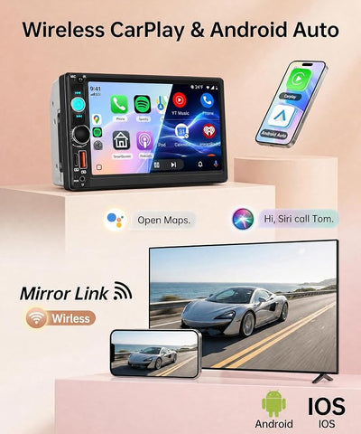 7 Inch Double Din Car Stereo, Wireless CarPlay Android Auto, 2 Din Touch Screen Radio, Bluetooth Stereo, AHD Backup Camera, Mirror Link, FM EQ SWC, Type-C USB Fast Charging, Online Video Playback