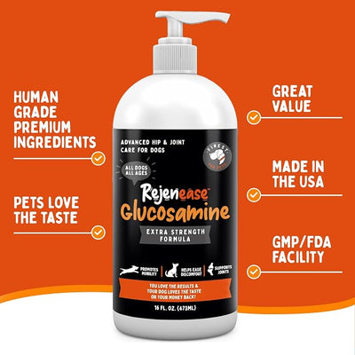 Liquid Glucosamine for Dogs with Chondroitin, MSM & Hyaluronic Acid (16oz). Hip & Joint Supplement Supports Better Mobility & Promotes New Cartilage. Eases Joint Stiffness. Rejenease, Made in USA