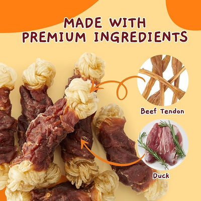 Jungle Calling Long Lasting Dog Chews for Medium Large Dogs, Duck Wrapped Beef Tendon Braid Bones - Rawhide-Free Hip and Joint Support Treats with Glucosamine