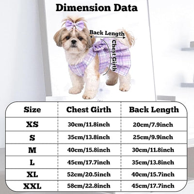 Dog Plaid Dress Harness and Leash Set with Pearls Bow Adjustable Puppy Dress Mesh Vest Bow Knot Pet Clothes for Cute Small Girl Dog Cat (Purple&White, Large)