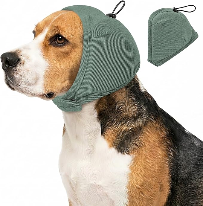 JOHNBOLIN Dog Ear Muffs - No Shake Ear Wrap & Quiet Calming Hoodie, Adjustable Head Snood Cover for Dogs, Noise & Anxiety Relief, Hematoma Protection for Grooming, Bath, Drying, Fireworks (Green, M)