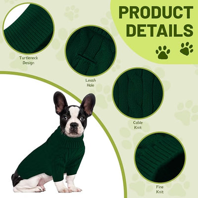 Small Dog Thermal Pullover Sweater, Classic Turtleneck Cable Knitwear Dog Clothes for Cold Weather Warm Pet Clothes for Chihuahua, Bulldog, Dachshund, Pug Green Medium