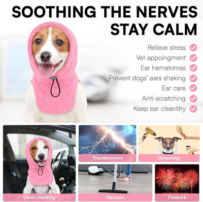 Dog Calming Hoodie - No Shake Ear Wraps for Dogs, Anxiety Relief & Noise Protection, Pet Ear Cover for Thunderstorms, Firework, Grooming, Force Drying, Pink L