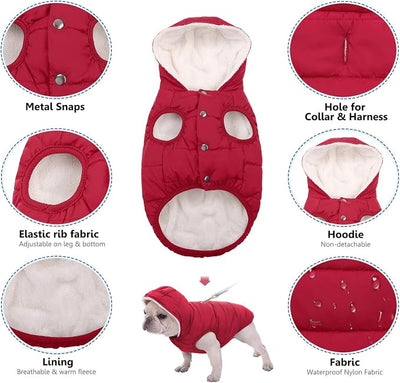 SAWMONG Waterproof Dog Winter Coat, Warm Fleece Lined Dog Jacket with Hood, Windproof Puppy Coat, Pet Apparel Vest Outdoor&Indoor Winter Activities(Red,XXL)