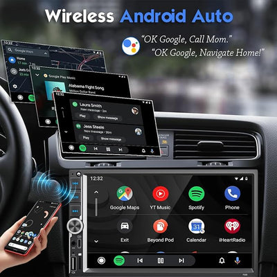 7 Inch Car Stereo with Wireless Apple CarPlay & Android Auto, Wireless AirPlay Mirror Link, Double Din Radio with 1024*600 IPS Toucscreen, AM/FM RDS, Bluetooth, Type-C/USB/TF/AUX, 12-LED Backup Camera