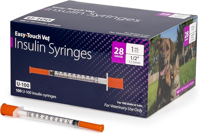 Easy Touch U-100 Pet Insulin Syringes for Dogs & Cats – 28G 1cc 1/2" Needle, Half-Unit Markings for Precise Dosing, Compatible with U-100 Insulin, Box of 100