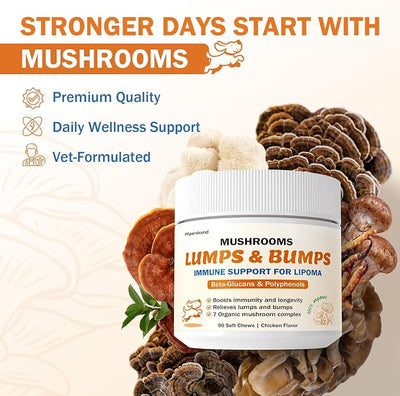 Turkey Tail Mushroom Guard for Dogs Lumps and Bumps, Lipoma Treatment for Dogs, 7 Organic Mushrooms Blend for Immunity, Longevity with Beta-Glucans, Dog Lumps Supplement, 90 Chews, Chicken Flavor