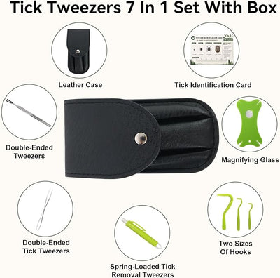 Tick Removal Kit with Leather Case & Tick Identification Card, Complete Tick Remover Set with Tick Hook, Tweezers, Magnifying Glass for Dogs Cats Humans, Portable Tick Removal Tool