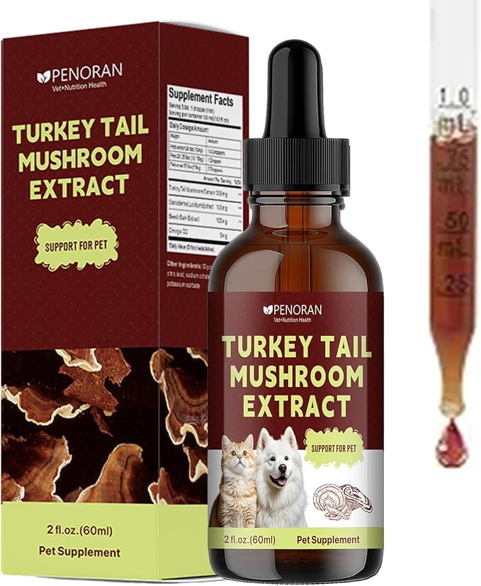 Turkey Tail Mushroom Extract for Dogs & Cats Lipoma Lumps Bumps Warts, | Boost Immunity, Young Weak & Senior & Low-Vitality & Post-Surgery Pets, with Chaga & Reishi Mushrooms Extract
