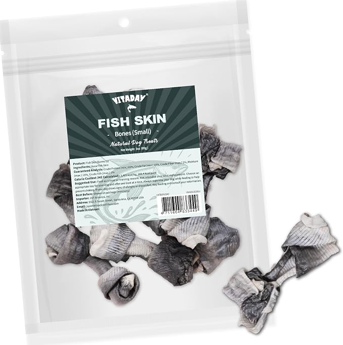 VITADAY 100% Fish Skin Dog Jerky Treats, Bones (S), 3 oz, 1-Pack | Natural dog jerky treats, rawhide alternative, 100% fish skin rich in collagen and omega-3, for all dogs, bones (S), 3 oz