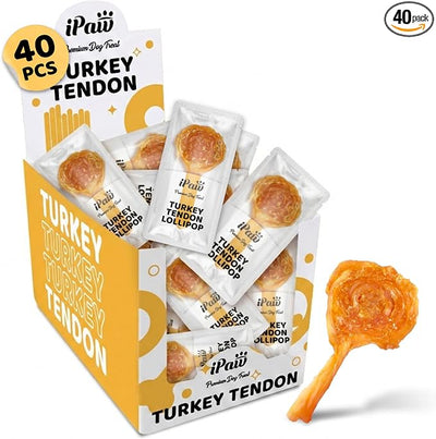 iPaw Turkey Tendons for Dogs 40 Pcs Bulk Pack, 100% Turkey and US Sourced Raw Material, Hypoallergenic, All Natural Human Grade Puppy Chew, Rawhide Alternative Dog Treats, Lollipop (Small)