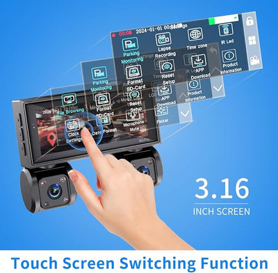 360° View 4 Channel Dash Cam Front and Rear, Dash Camera for Car with 3.16" IPS Touch Screen, 8 IR Night Vision, 5G WiFi&GPS,APP Control, G-Sensor, Loop Recording, Parking Mode, 64GB Card