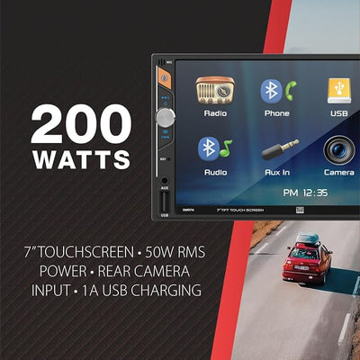 Dual Electronics DMR74 7-Inch Touchscreen Double DIN Car Stereo, Bluetooth | Backup camera input, hands-free Bluetooth calling, USB playback & charge, push to talk voice assistant, no CD or DVD
