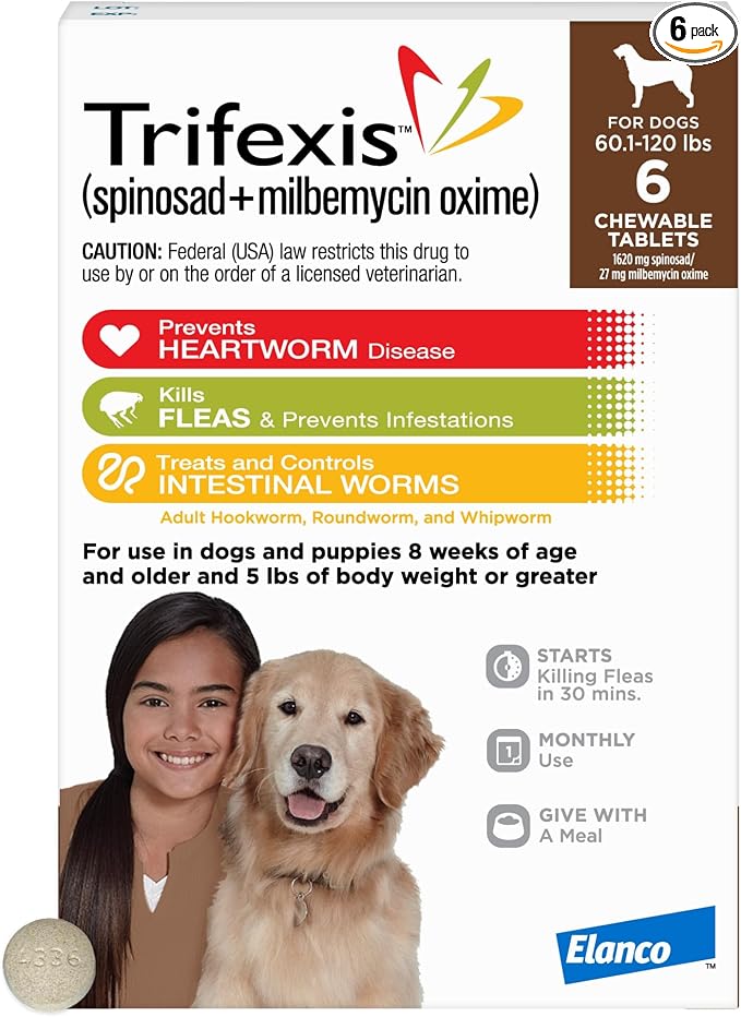 Trifexis Heartworm Prevention | Treats & Controls Flea Infestations + 4 Other Worms | Dogs 60.1-120 lbs. | 6 Chewables