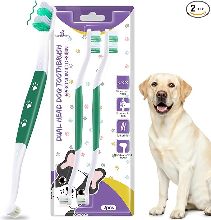Dog Toothbrush, Dual-Head, for Medium-Large Dogs, Green | Soft Bristles for Gentle Cleaning, 60° Curved Bristles for Better Coverage, Comfortable for Sensitive Gums