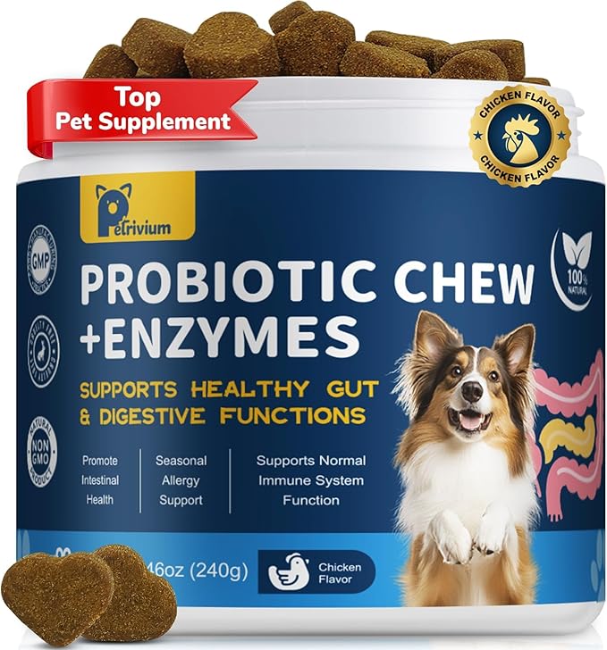 Probiotics for Dogs Digestive Health, Natural Probiotic Supplement with Digestive Enzymes and Prebiotic, Probiotic Chews for Dogs Support Gut Health, Relieve Diarrhea, Enhance Immunity