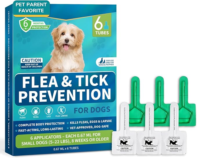 Flea and Tick Prevention for Small Dogs, 6-Month Supply Dog Flea and Tick Treatment Drops, Topical Fast-Acting Dog Flea Treatment for Small Dogs Up to 5 to 22 lbs