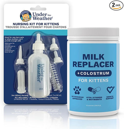 Under the Weather Kitten Milk Replacer Powder + Nursing Bottle Kit | Milk Replacement Formula with Colostrum, Feeding Bottle, 5 Nipple Sizes & Cleaning Brush | Complete Newborn Kitten Feeding Set