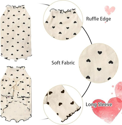 Pet Clothes for Small Dogs Cat Summer Fall Heart Print Shirt Stretchable Ruffle Long Sleeve Outfits for Chihuahua Schnauzer Shih Tzu Yorkie (Coffee, X-Large)