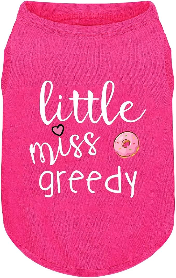 Pink Cotton Dog Shirt with 'Little Miss Greedy' Print, Soft & Breathable Pet Apparel for Small to Large Dogs, All-Season Sleeveless Vest, Cute and Comfortable Dog Outfit.Pink Donut M