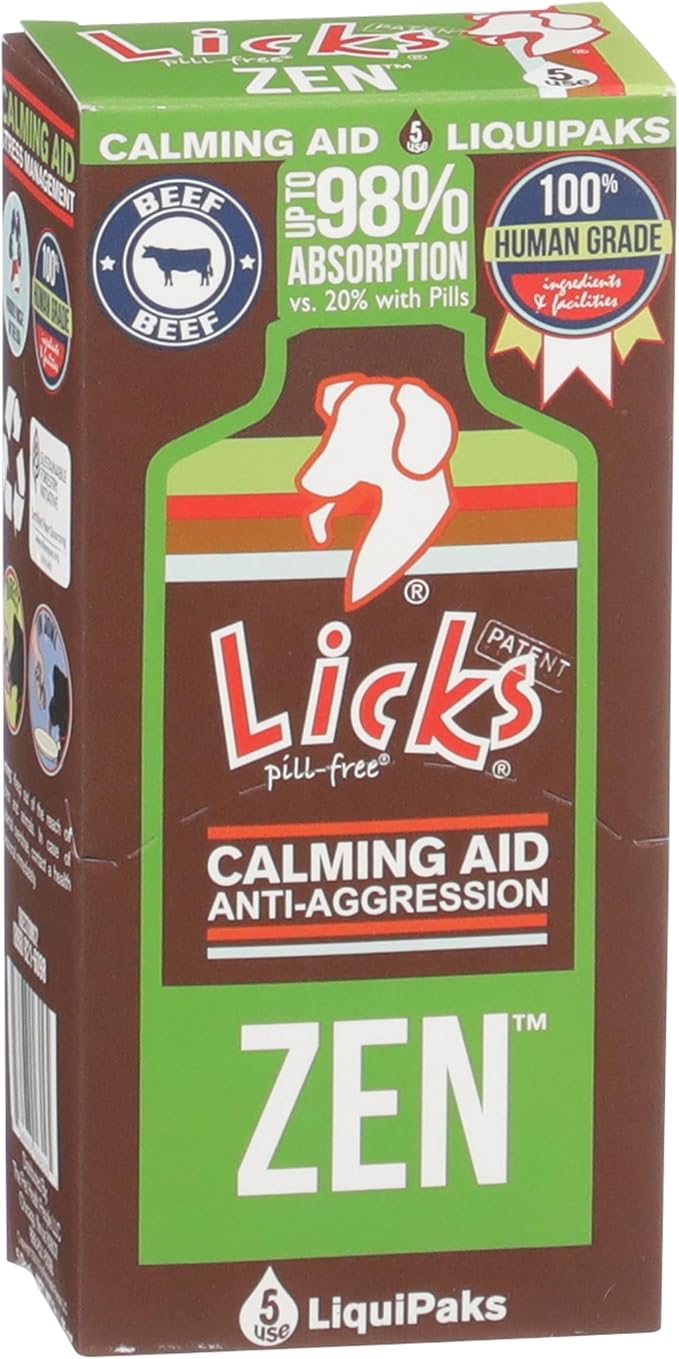 Licks Zen Calming Aid - Fast-Acting Stress & Behavior Support for Cats & Dogs - L-Theanine, Chamomile, Ashwagandha & Tryptophan - Pill-Free Gel Packets - Braised Beef Flavor - 5 Packets