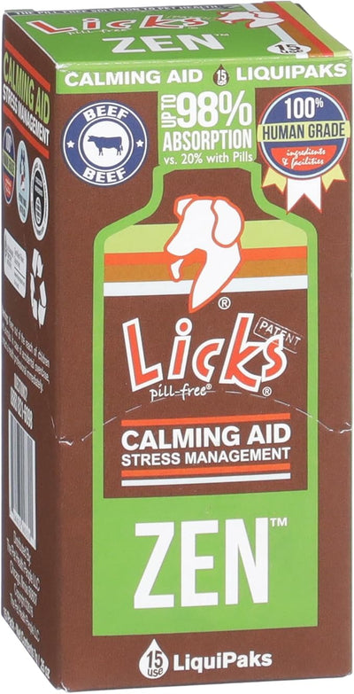Licks Zen Calming Aid - Fast-Acting Stress & Behavior Support for Cats & Dogs - L-Theanine, Chamomile, Ashwagandha & Tryptophan - Pill-Free Gel Packets - Braised Beef Flavor - 15 Packets