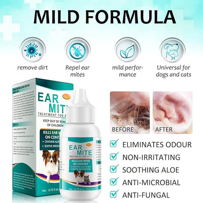 Ear Mites Clean for Dogs & Cat, Ear Mite Treatment, Soothes with Aloe Vera, Safe for Pets 12+ Weeks, Vet-Recommended Formula, Pack of 1/0.75floz