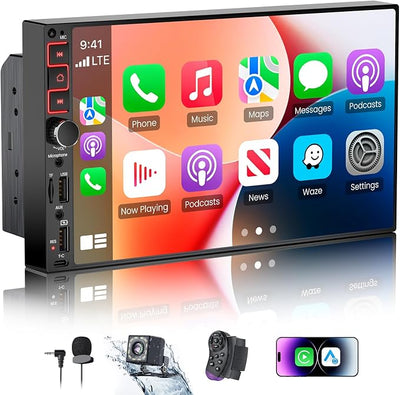 9" Double Din Car Stereo with Wireless Apple CarPlay & Android Auto,QLED IPS Touchscreen Car Radio,1080P Backup Camera, Mirror Link, Voice Control, Bluetooth 6.0, AM/FM, Type-C Fast Charging, EQ, SWC