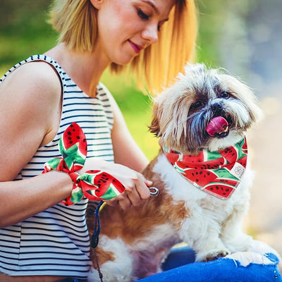 E-Clover Dog Bandanas Summer & Matching Scrunchie Set Dog Bandana Bibs Washable Kerchief Scarf for Small Dogs Puppy & Owner Watermelon