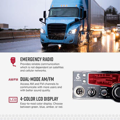 Cobra 29LX AM/FM Professional CB Radio - Emergency Radio, Travel Essentials, NOAA Weather Channels and Emergency Alert System, Selectable 4-Color LCD, Auto-Scan, Black