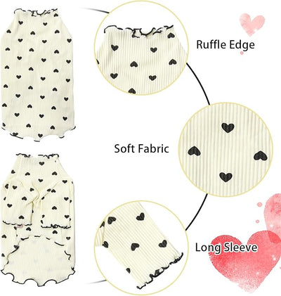 Pet Clothes for Small Dogs Cat Summer Fall Heart Print Shirt Stretchable Ruffle Long Sleeve Outfits for Chihuahua Schnauzer Shih Tzu Yorkie (Beige, Medium)