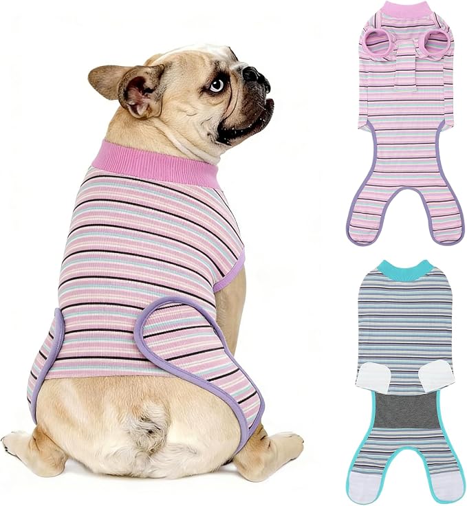 2 Packs Breathable Cotton Dog Recovery Suit for After Neuter Spay Abdominal Wounds Protector, Professional Anti-Licking Onesies for Male Female Pets Surgery Bandages, M Textured Bule Purple