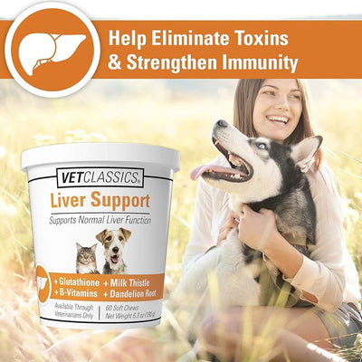 Vet Classics Liver Support Pet Health Supplement for Dogs, Cats – Liver Functions – B-Vitamins, Glutathione, Milk Thistle – Soft Tablets, Chews – 60 Soft Chews