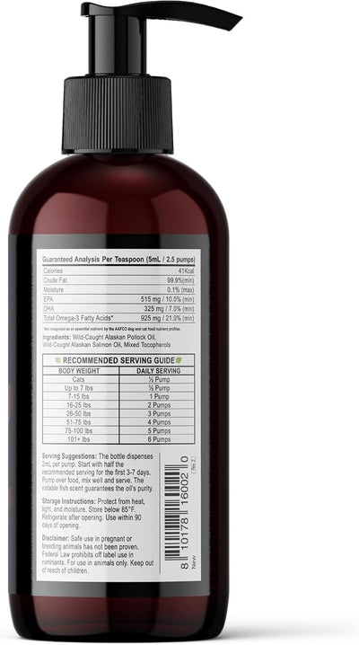 Wild Alaskan Salmon Oil for Dogs | Liquid Omega 3 Fish Oil with Pump | Skin and Coat, Joint and Heart Support | High Potency EPA and DHA | 8oz
