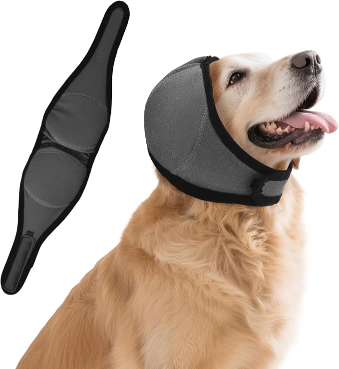 Dog Ear Covers for Bath, Dog Ear Muffs Noise Protection, Elastic Waterproof Ear Protector with Calming Hoodie Design for Fireworks, Vet Visits, Grooming (Gray, Large)