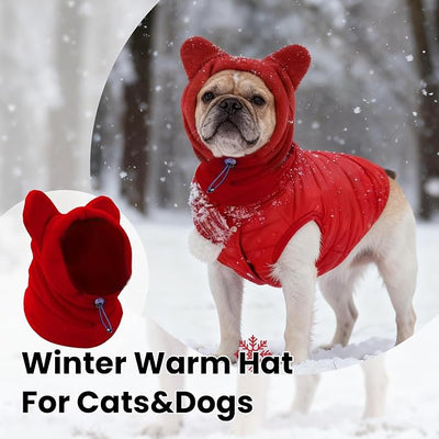Dog Snood Winter Hood with Ear Protection, Fleece Neck Warmer for Dogs, (Red, Medium)