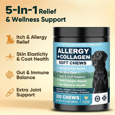 Dog Allergy Chews is Collagen Omega 3 Human Anti Itch Relief for Dogs Multivitamin Itching Skin Relief and Aller Immune Pet Allergy Chews Coat Licking Supplement Pills Meds Treats 200 Bites for Dogs