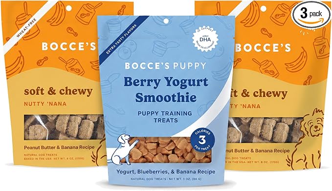 Bocce's Bakery Nutty 'Nana + Berry Yogurt Smoothie Dog Treat Bundle – Natural, Wheat-Free Soft & Chewy Cookies and Training Bites Made with Real Ingredients and Baked in The US – 3 Pack