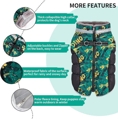 CuteBone Dinosaur Dog Winter Coat with Harness, Reflective Warm Dog Jacket with Zipper for Cold Weather, Medium Large Dog Snowsuit YRFN03XL