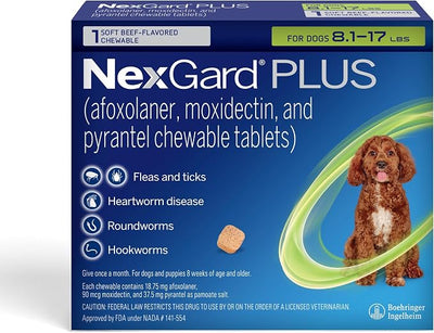 NexGard Plus (afoxolaner, moxidectin, and pyrantel) Flea and Tick Protection & Heartworm Preventive for Dogs Soft Beef Flavored Chewables, 8.1-17 lbs. (Green) 1 Chew (1 Month Supply)