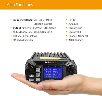 Radioddity DB25 Pro Dual Band Quad-Standby Mini Mobile Car Truck Radio, 4 Color Display, 25W Vehicle Transceiver with Cable + High Gain Quad Band Antenna