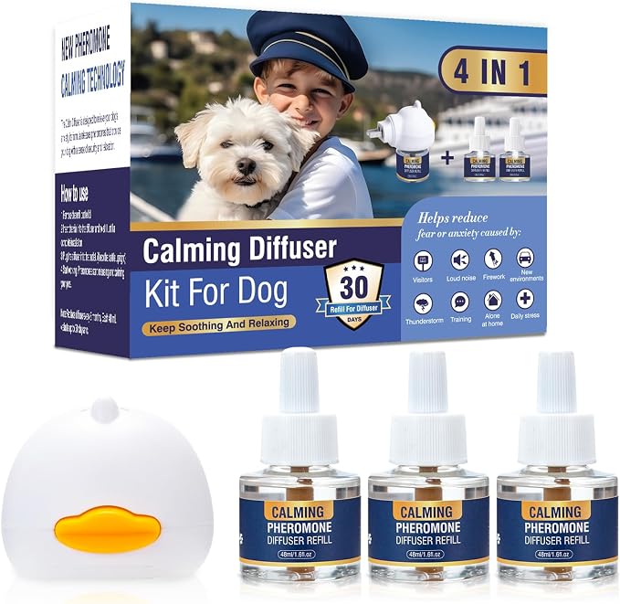 4 in 1 Pet Pheromones Diffuser Dog Pheromone Calming Diffuser Appeasing to Calm Kit (Plug in+ 3 Pack 48ml Refill) for Anxiety Relief Reduce Fighting Stress Barking Aggression 90 Day Supply