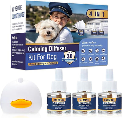 4 in 1 Pet Pheromones Diffuser Dog Pheromone Calming Diffuser Appeasing to Calm Kit (Plug in+ 3 Pack 48ml Refill) for Anxiety Relief Reduce Fighting Stress Barking Aggression 90 Day Supply