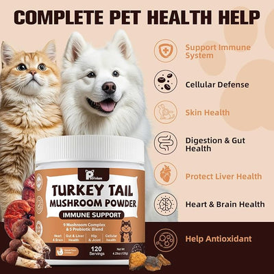 Mushroom Supplement with Probiotics for Dogs & Cats, Turkey Tail Mushroom for Pets - Mushroom Powder for Immune Boost & Overall Health- Partner Guard for Dogs Lumps and Bumps