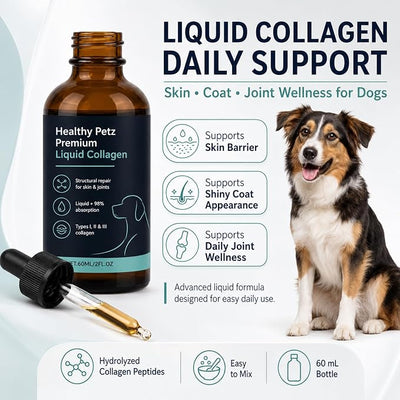 Healthy Petz Premium Liquid Collagen for Dogs – with Collagen, Hyaluronic Acid & Vitamin C – Skin Barrier, Coat & Joint Support