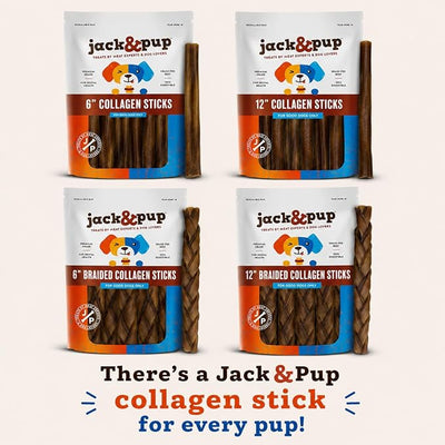 Jack&Pup 6" Braided Beef Collagen Sticks for Dogs | Rawhide Free Dog Chews Long Lasting | Single Ingredient Healthy Dog Treats for Medium Dogs | Bully Stick Alternative (8 Pack)