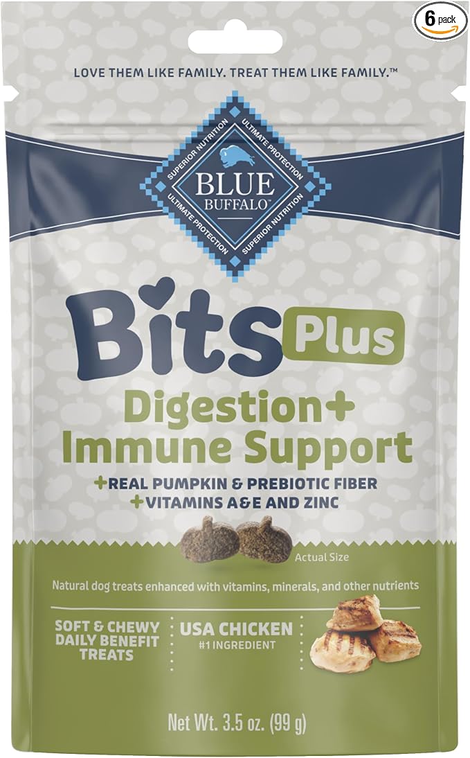 Blue Buffalo Blue Bits Plus Digestion and Immune Support Daily Benefit Dog Treats, Soft & Chewy Chicken and Pumpkin Morsels, 3.5-oz. Bag (Pack of 6)