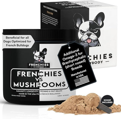 Frenchies vs Mushrooms - Turkey Tail Mushroom for Dogs, Omega-3 & Turmeric | Immune support Mushroom Supplement For Dogs. Helps with digestion, allergies, longevity, lumps & bumps. Frenchie optimized.