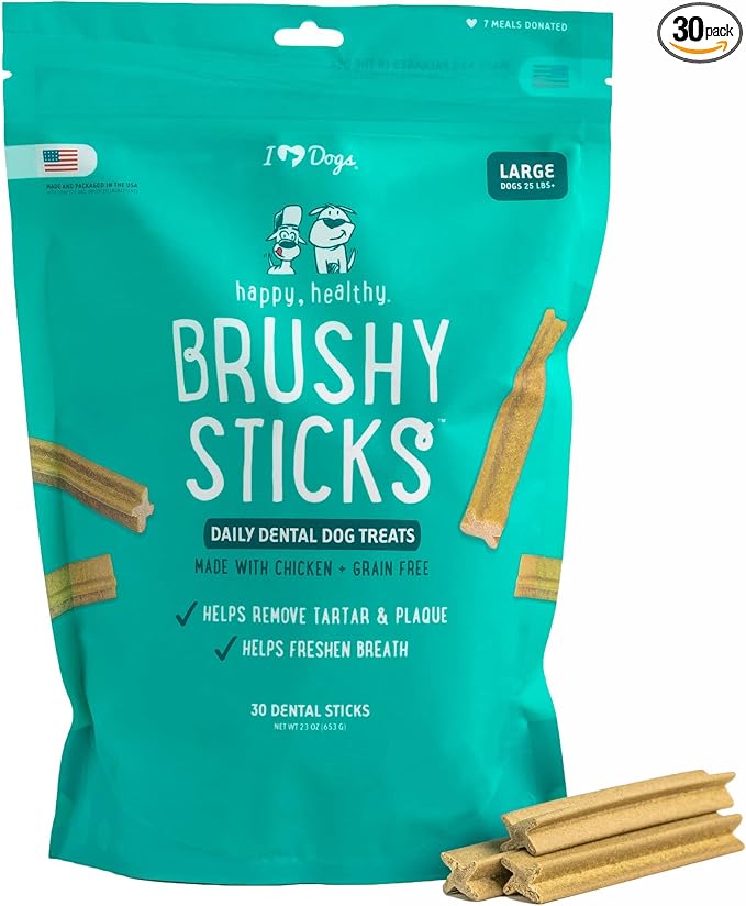 iHeartDogs Brushy Sticks - Dental Treats for Dogs Removes Plaque and Tartar Buildup - Grain-Free Dog Teeth Cleaning Chews Made with Chicken - 30 Large Sticks