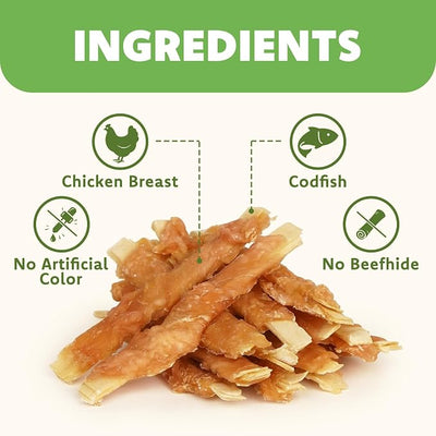 MON2SUN Rawhide Free Dog Treats, 4 Inch Chicken Wrapped Cod Fillet Dog Snacks for Small Dogs, Soft and Training Treats, 10.58oz (30 Count-Pack of 1)